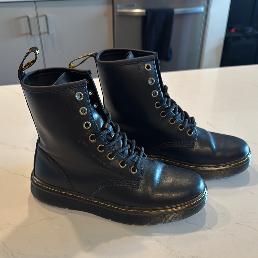 Dr. Martens Black Leather Lace-Up Boots with Yellow Stitching